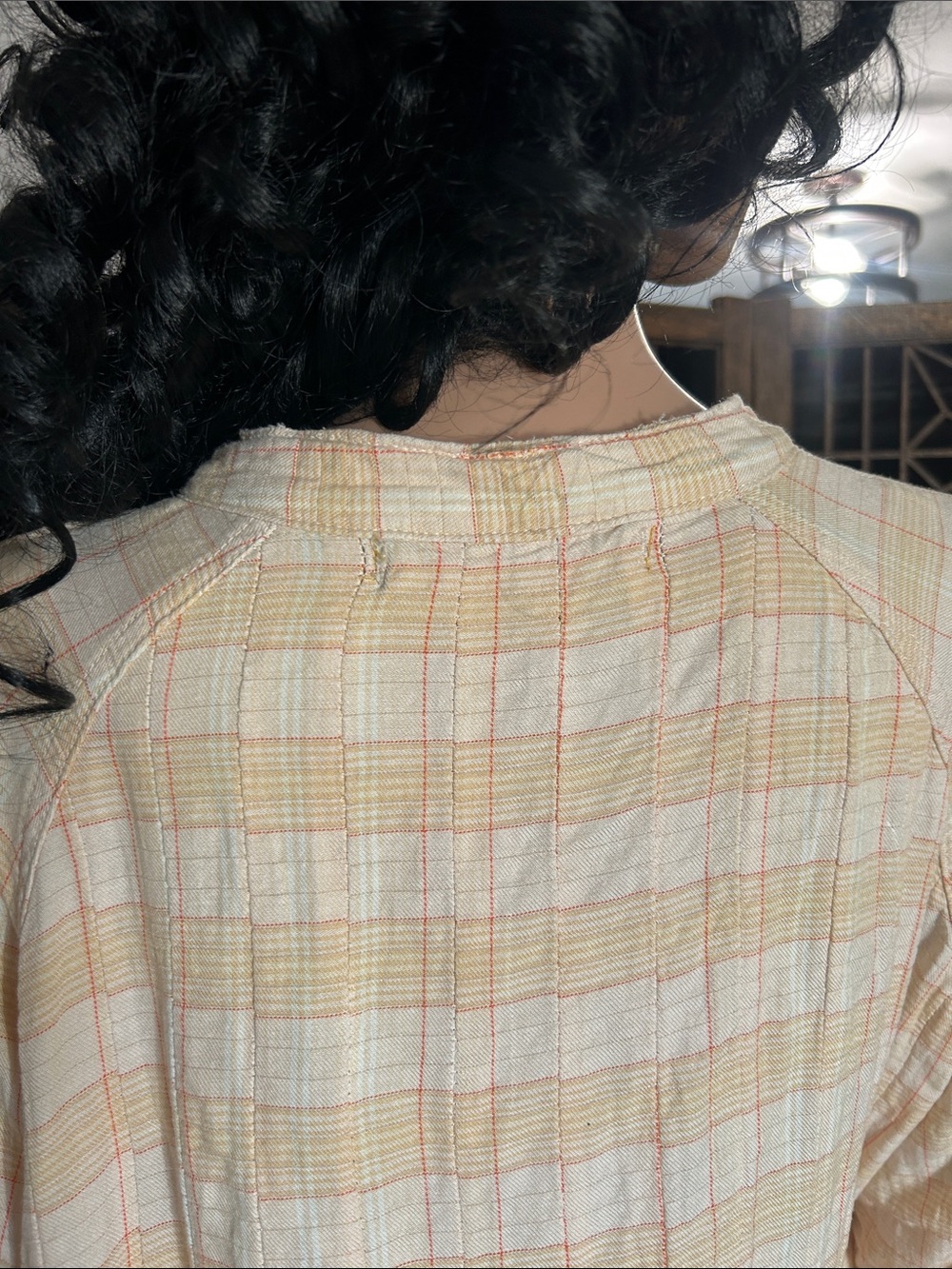 FREE PEOPLE PEACH PLAID PEASANT TOP L - Picture 9 of 11